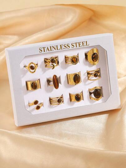4/6/8pcs 18K Gold Plated Stainless Steel Rings Set With Natural Tiger Eye Stone, Assorted Patterns, High Quality Jewelry For Women Daily Wear Or Gift