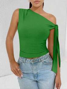 Elegant T-Shirt In Supplex Fabric With Asymmetrical Shoulders And Straps, Ideal For Everyday Wear, Outings, Nightclubs, Parties, And Halloween Costumes. - 綠色 - 查看 4