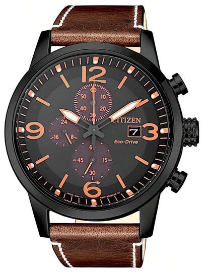 CITIZEN 44mm Solar Powered Stainless Steel Chronograph Watch, Black Ion-Plated Case & Bezel, Brown Leather Strap, 50M Water Resistant - CA0617-11E