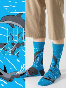 1双男士蓝鲸鲨鱼图案艺术设计精梳棉休闲中筒袜，适合旅行、居家、办公、节日礼物 - 彩色 - 查看 2