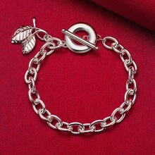 925纯银镀层树叶吊坠手链，粗链，男女皆宜，适合婚礼、订婚等场合，时尚饰品 - 銀色 - 查看 2