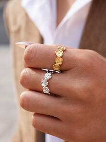 Frminee 2pcs/1pc Floral Design Rings - Minimalist Elegant Stainless Steel Jewelry For Women, Perfect Gift For Daily Wear, Vacation Or Holiday Occasions - Multicolor - View 5