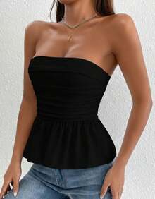 Women's Peplum Strapless Blouse With Ruffled Detail - Summer - màu đen - Xem 2