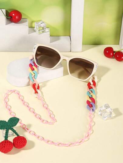 1 Set Çocuk (4-8 Yaş) Moda Gözlüğü, Zincirli, Taşlı ve Renkli Zincir Süslemeli, Hafif PC Çerçeve, Kedi Gözü Stili, Plaj Gezileri, Doğum Günü Partileri ve Açık Hava Aktiviteleri İçin İdeal, Gözlük Kutusuyla Birlikte