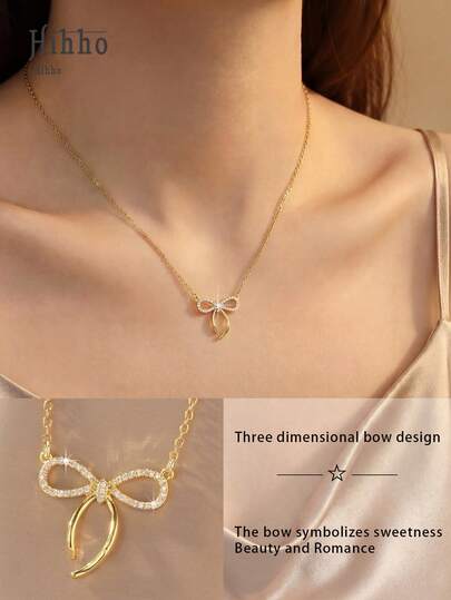 Hihho 1件优雅闪亮蝴蝶结吊坠项链，适合约会、通勤，是送给女朋友或情侣的贴心礼物。