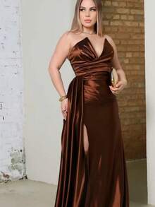 Strapless Dress With Slit For Graduation, Wedding Party, Bridesmaid - Rust Brown - View 1
