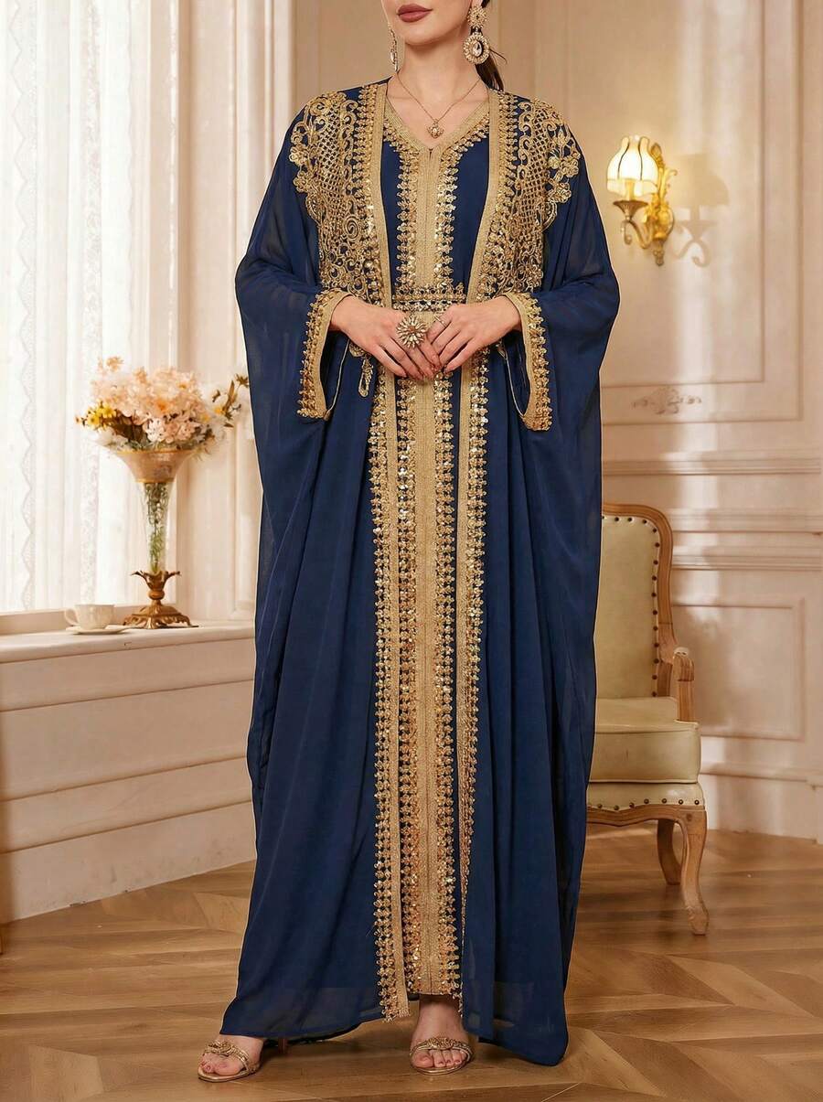 女士春秋时尚亮片花卉装饰混合雪纺优雅长裙配腰带，海军蓝，朴素的长袍 - 藏蓝色 - 查看 1