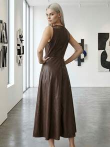 ADD MODA Y560 - Black Leather Dress With A-Line Skirt, Modern Cut - Màu nâu Sô-cô-la - Xem 5