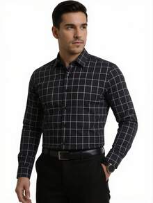 Men's Long-Sleeved Dress Shirt, Casual, Good Quality, Slim Fit With Elastane - màu đen - Xem 3