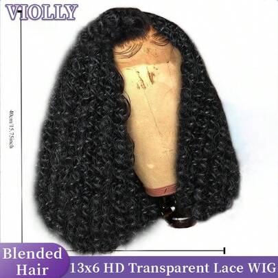 VIOLLY Jerry Curly 34 Inch Natural Black 13*4 HD Transparent Lace Front Ear To Ear Free Parting 200% Density Melted Hairline Baby Hair Pre Plucked Pre Bleached Knots Heat Resistant Human Hair Blend Wig Long Luxury Wig