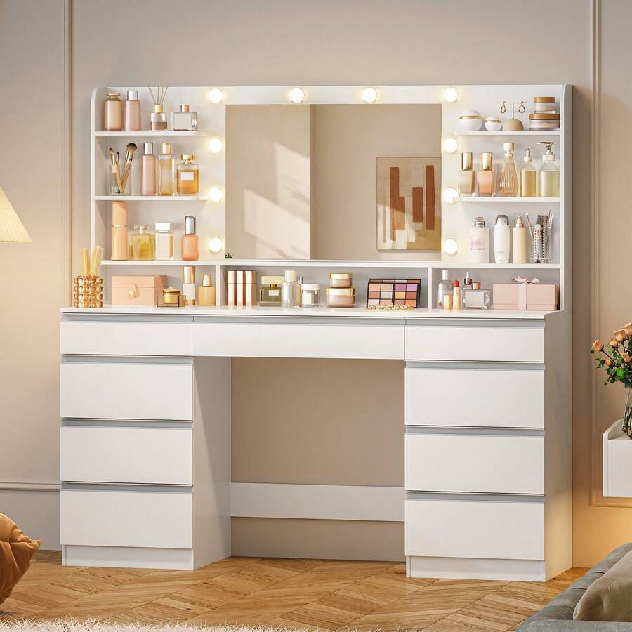 HEXCELEN 150 Cm Wide Dressing Table With 10 LED Lights (3 Colors, Adjustable Brightness), Large HD Mirror, 1 Large And 8 Small Drawers, 9 Open Storage Compartments, White-Silver - trắng - Xem 1