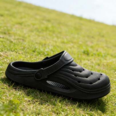 Solid Color Casual Hollow-Out Thick Bottom Closed Toe Slip-On Sandals, Suitable For Office, Beach, Home Wear For Women And Men