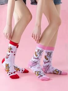 Noctvar OBM Sleepwear X TOM & JERRY 2双猫鼠图案女士短袜，可爱卡通爱心设计短袜，时尚猫鼠图案女士袜，傲娇兔子图案透气休闲男女通用袜，适合学生/成人作为礼物或日常穿着，情侣款 - 彩色 - 查看 10