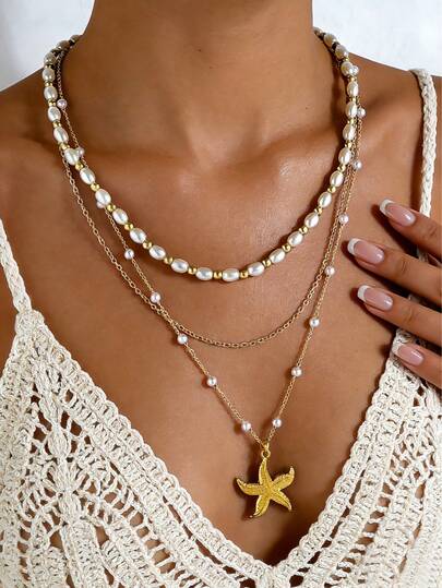 Vintage Women's Multi-Layer Stacked Handmade Pearl Beads Choker Necklace Starfish Shell Pendant Necklace Summer Beach Party Jewelry Accessories