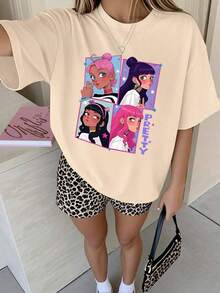 卡通女孩印花女童短袖T恤 - 休闲时尚童装，适合女孩和儿童 - 艺术风格T恤，激发想象力和自我表达，童装，女童图案T恤，夏季上衣，青少年服装 - 杏色 - 查看 2