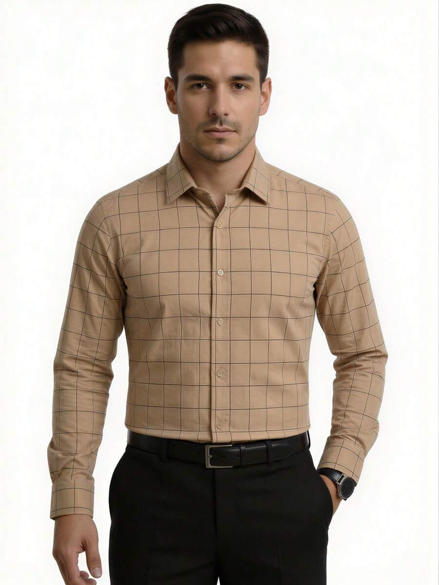 Rand paul Men's Long-Sleeved Dress Shirt, Casual, Good Quality, Slim Fit With Elastane - Màu be - Xem 1