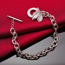 925纯银镀层树叶吊坠手链，粗链，男女皆宜，适合婚礼、订婚等场合，时尚饰品 - 銀色 - 查看 3