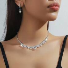 1 Set Fashionable Personalized Luxurious Sparkling Zirconia Crystal Water Drop Pendant Necklace And Earrings, Suitable For Ladies Friends Wedding, Party, And Daily Wear - Silver - View 6