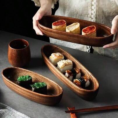 1pc Japanese Sushi Serving Tray, Wooden Boat-Shaped Bowl, Suitable For Salad, Dessert, Fruit, Nuts And Snacks, Multifunctional Salad And Snack Tray, Retro Design, Ideal For Family Gatherings, Sturdy And Durable Wooden Dessert Bowl, Boat-Shaped Tea Towel Rack, Wooden Bowl Plate, Salad Bowl, Hotel Supplies, Fruit And Snack Plate