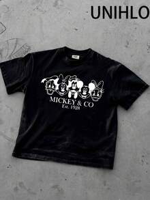 Disney Camiseta casual de verano con estampado de Mickey, de peso pesado y lavado retro, de estilo callejero y moda casual - Negro - Ver 6