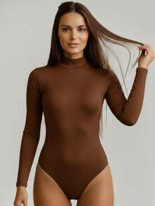 Women's Basic Second Skin Bodysuit Set With High Neck And Long Sleeves - High Fashion Blogger Style - 2-piece Set (Brown + Nude) - View 7