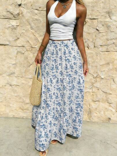 2026 Vintage Blue & White Floral Chiffon Maxi Dress, A-Line Tiered Skirt, Elastic Waistband, Retro Countryside Style Casual Dress, Essential For Summer Beach Brunch, Lightweight Breathable Fabric, Versatile Dress With Feminine Ditsy Floral And Fitted Silhouette Vacation