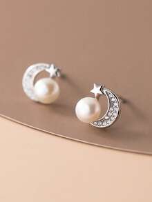 一对星月耳环，珍珠和锆石密镶，精致轻盈的奢华设计，夏季吸睛饰品，百搭礼物，适合送给女友、闺蜜，情人节、母亲节、日常佩戴 - 復古銀色 - 查看 6