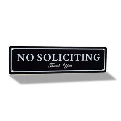 1pc "No Soliciting" Vintage Style Metal Sign, 16.0x4.0inch, Black And White With Elegant Golden Lettering, Waterproof Aluminum, Easy To Hang With Pre-Drilled Holes - Perfect For Home, Outdoor, And Holiday Decor, Metal Wall Art Decoration