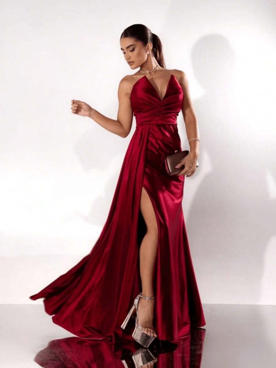 Strapless Dress With Slit For Graduation, Wedding Party, Bridesmaid - 紅木色 - 查看 1