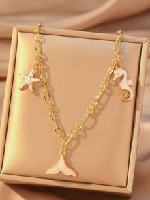 Hihho 1pc Luxury Ocean Element Necklace Set, Lightweight Elegant Ocean Themed Necklace Set Is Both A Youthful Daily Accessory And An Ideal Gift To Spread Good Vibes - Gold - View 13