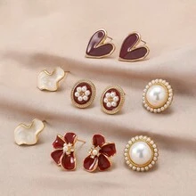 10件套女士时尚首饰套装，法式复古酒红色几何不对称仿珍珠心形耳钉套装，适合女士日常休闲佩戴，节日礼物 - 愛心 - 查看 5