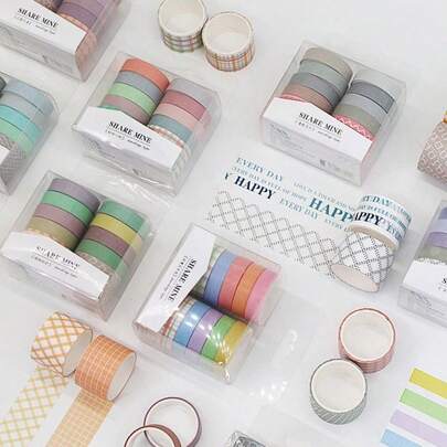 Bộ 6 cuộn băng dính kim tuyến hình bánh macaron màu ngẫu nhiên - Băng dính trang trí nhiều màu sắc dùng cho thủ công mỹ nghệ, làm sổ lưu niệm, trang trí và DIY, nhãn dán kim tuyến màu hồng để trang trí nhật ký.