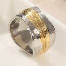 复古双色宽边女士戒指，小众朋克风格，节日配饰珠宝礼物 - 雙色 - 查看 4