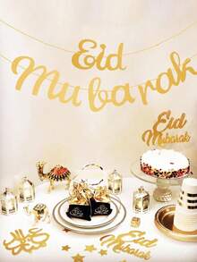 Eid Mubarak Banner Decorations, Pre-Tied Eid Mubarak Bunting Banner Party Supplies For Home Outdoor Umrah Mubarak Party Decor Moon Star Garland - Gold - View 5