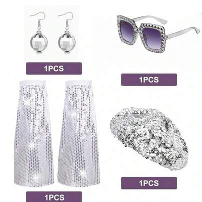 Conjunto de accesorios de fantasía para actuación de discoteca de los años 70 para mujeres, incluye sombreros, gafas, cubiertas de piernas con lentejuelas, aretes, adecuado para eventos temáticos, estilo retro, telas, decoraciones con lentejuelas, entusiastas del estilo retro.
