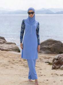 Middle Eastern Style 3 Pieces Set : Long Sleeve Top, Long Pants, And Hooded Modest Swimsuit For Women, Summer Beach - Mauve Purple - View 3