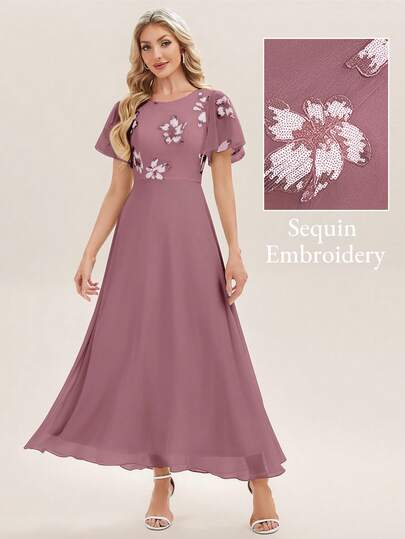 EVERPRETTY Summer Elegant Chiffon Dusty Pink Bridesmaid Dress Embroidered Handmade Printed Wedding Guest Dress Soft Ruffled Suitable For Wedding Formal Dinners Occasions