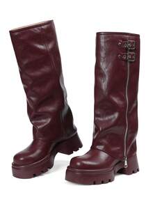 Knee High Boots For Women Round Toe Fold-Over Wide Calf Pull On Chunky Platform Boots With Side Zipper Fashion Y2k Punk Boots - Burgundy - View 2