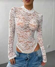 Women's Sexy Long Sleeve Tulle Lace Bodysuit With Delicate Flower, Transparent, Sizes S, M, L. Sensual Clothing, Night Outfit, Party Look, Elegant Style, Romantic, Lingerie, Fashion, , Blogger Style, Winter And Autumn, Night Out, All Print, Transparent, Cutout Fabric, Transparent, Cutout Fabric - 白色 - 查看 5