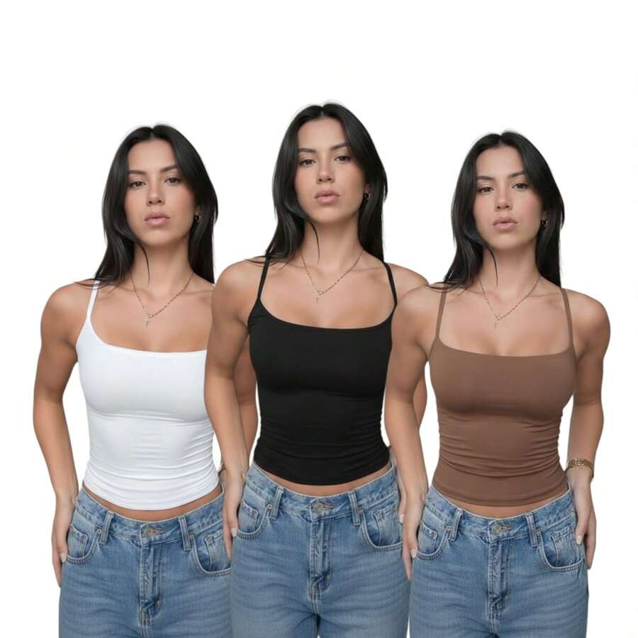 Women's Formal Tank Top With Square Neckline And Thin Straps In Premium Supplex Fabric - 黑/棕/白 - 查看 1