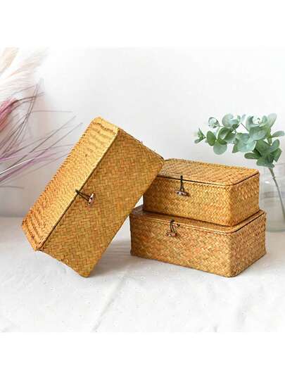 3-Piece Bohemian Handwoven Storage Basket Set, Desktop Organization Box Straw Storage Box, Box, Desktop Storage Basket, Seaweed Companion, Basket, Miscellaneous Storage Box, Shelf Decor, Rustic Design, Bohemian Style, Material, Multifunctional Basket, Decorative Storage Box, Minimalist Lifestyle 450R