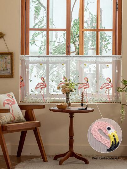1pc Flamingo Embroidered Sheer Curtain Panel, Decorative For Various Seasons And Room Sizes