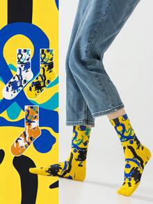 1/3双男女通用情侣撞色米色涂鸦线条抽象艺术设计精梳棉休闲船袜，适合旅行、居家、办公、节日送礼 - 彩色 - 查看 1