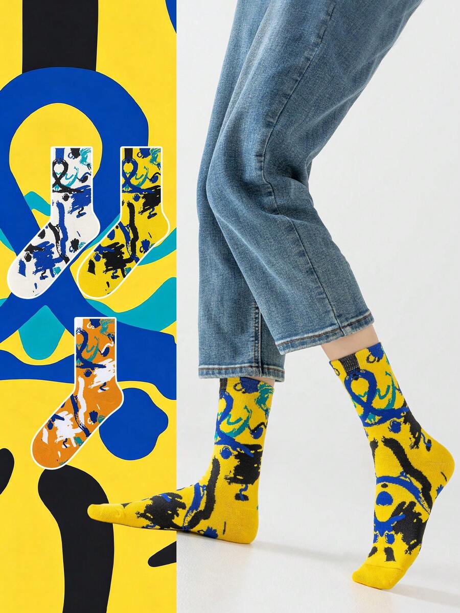 1/3双男女通用情侣撞色米色涂鸦线条抽象艺术设计精梳棉休闲船袜，适合旅行、居家、办公、节日送礼 - 彩色 - 查看 1