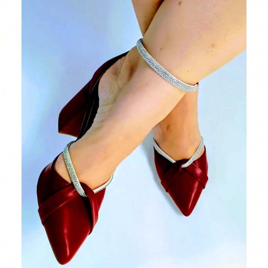 Women's Block Heel Pump With Rhinestone Straps - New Arrival, Comfortable, Ana Marie 1789 - 酒紅色 - 查看 1