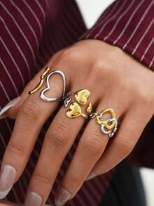 Frminee 3件套/1件镂空爱心金银混色不锈钢戒指套装，个性戒指饰品，适合日常佩戴，节日礼物 - 彩色 - 查看 5