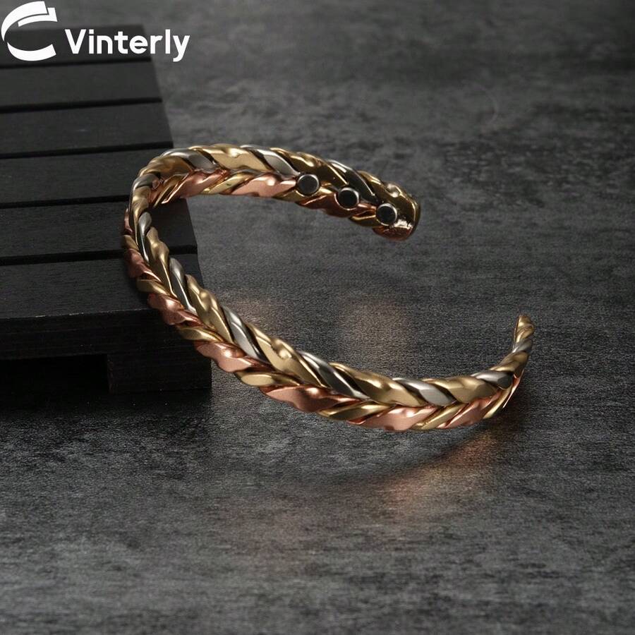 Vinterly 女士扭纹纯铜手镯，磁性玫瑰金，健康能量，可调节开口手镯 - gold-color - 查看 1