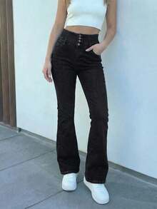 女士单排扣修身弹力牛仔喇叭裤，休闲黑色，春季款 - 黑色 - 查看 6