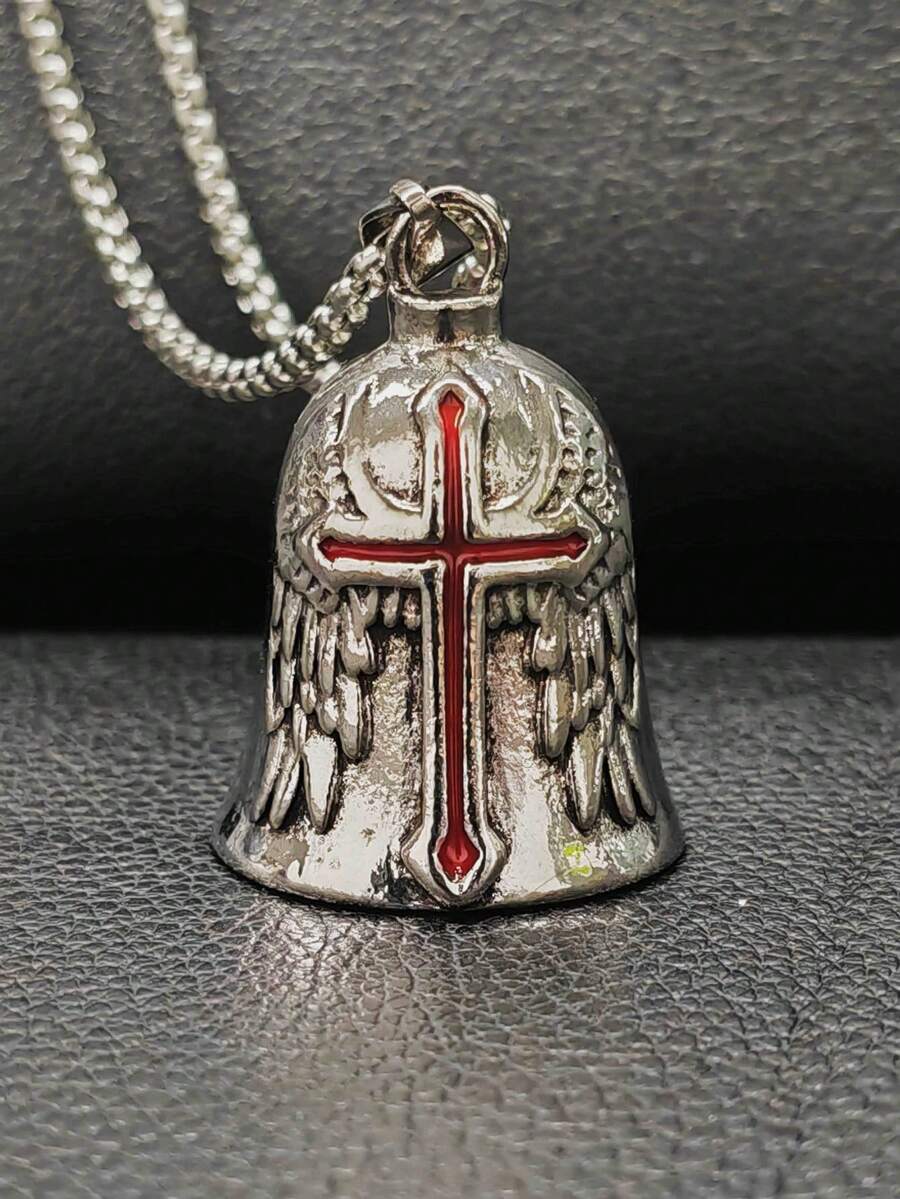 AD Angel Stainless Steel Evil Repellent Bell, Vintage Punk Riding Decor Bell, Light Gray Universal Mod Accessory For Motorcycle Bicycle Red Cross - Red Glue Cross - View 1