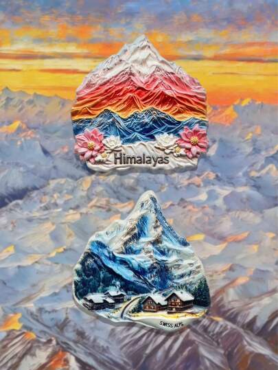 1pc Lotus Glow + Matterhorn 3D Embossed Refrigerator Magnet, High-End 3D Relief Resin Craft, 3D Stereoscopic Magnetic Sticker Exquisite PVC Landscape Refrigerator Magnet, Gift For Travel Enthusiasts Home Decor
